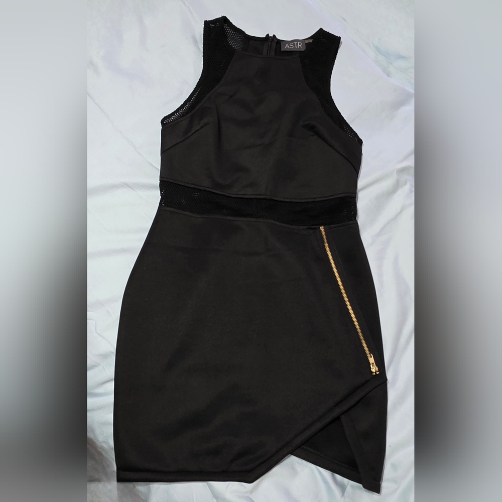 ASTR the Label Black Mesh Bodycon Mini Dress with Gold Zipper Women's Sz M
